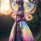 Fantasy illustration of woman with butterfly wings in magical forest