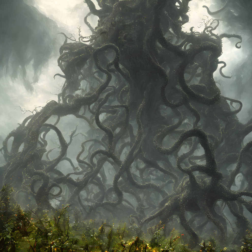 Enormous twisted tree in misty enchanted forest