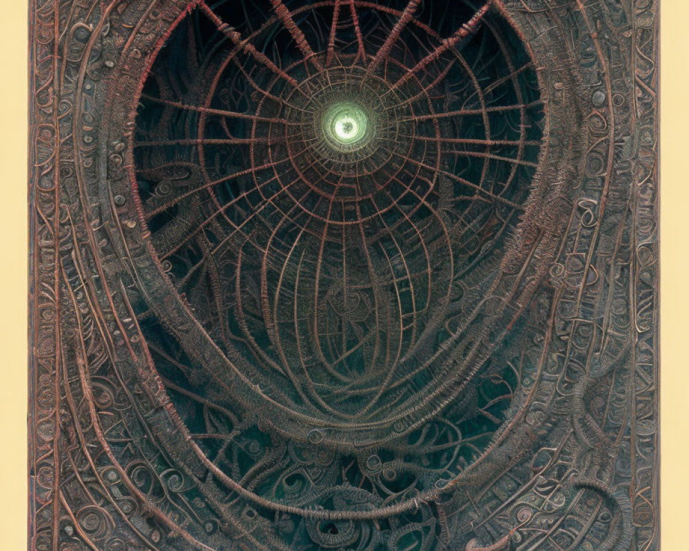 Circular Bronze Artwork with Intricate Patterns and Glowing Green Center