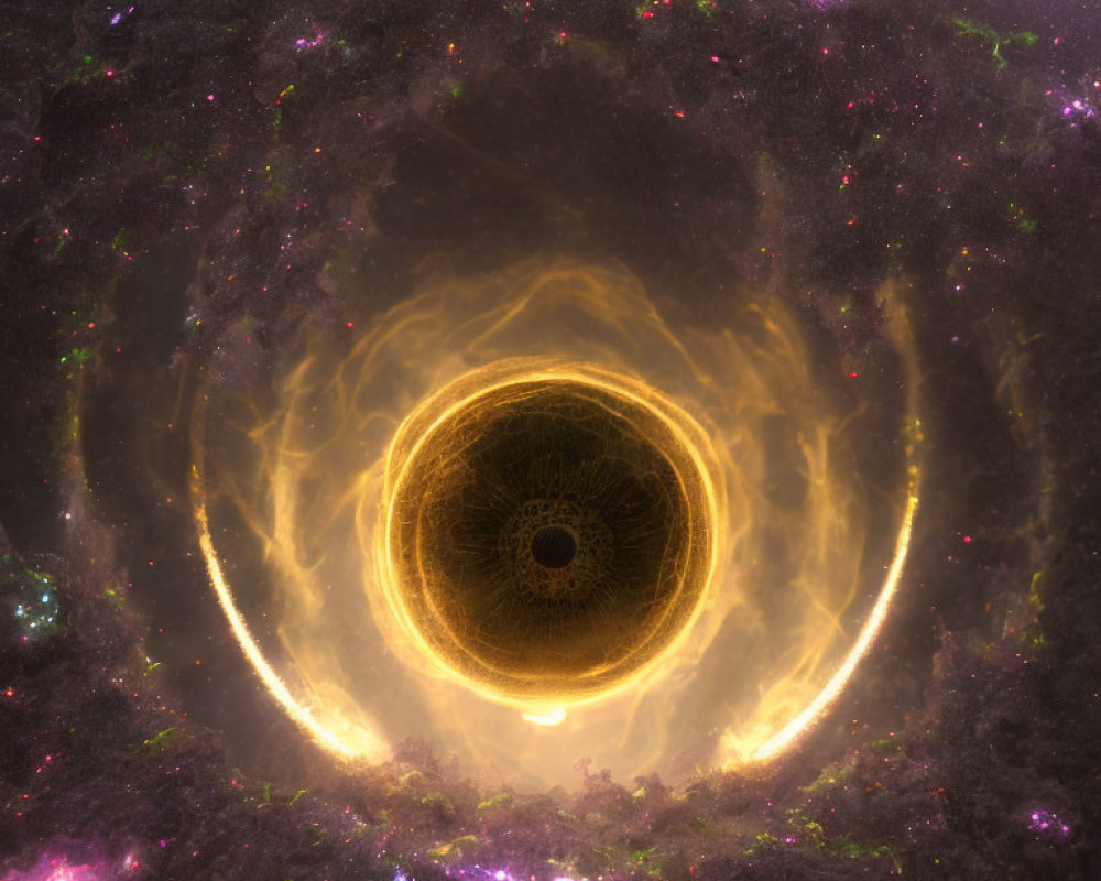 Radiant golden black hole in vibrant cosmic scene