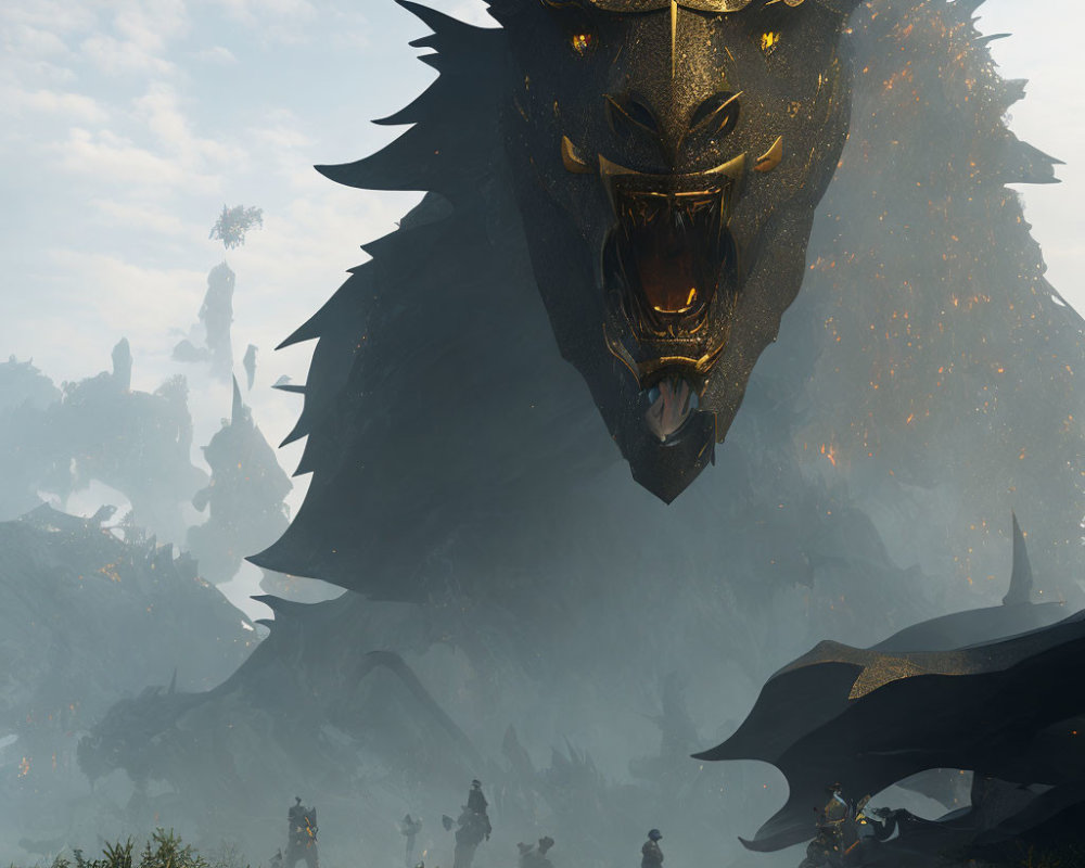 Enormous dark dragon overlooking armed figures in misty landscape