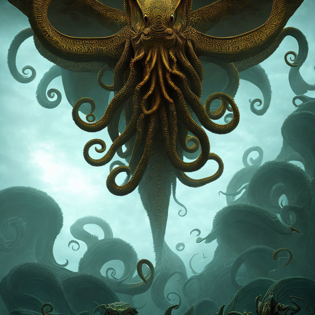 Giant octopus with intricate patterns in misty aqua environment