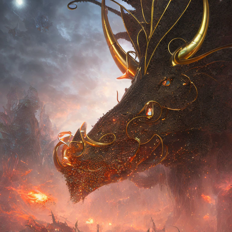 Majestic dragon with golden horns in fiery moonlit landscape