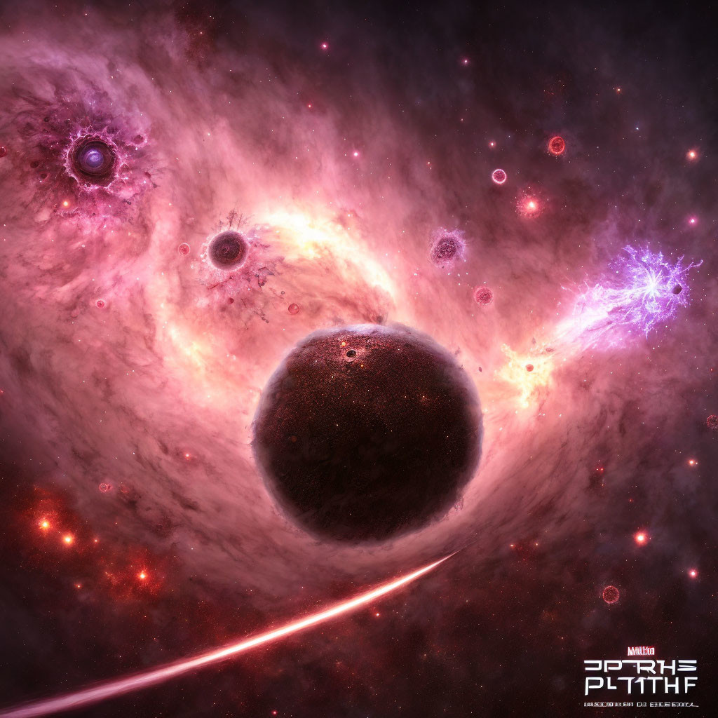 Dark Textured Planet Surrounded by Glowing Nebulae and Stars