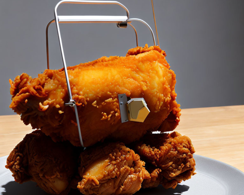 Large Fried Chicken Piece in Briefcase with Plate of Smaller Pieces
