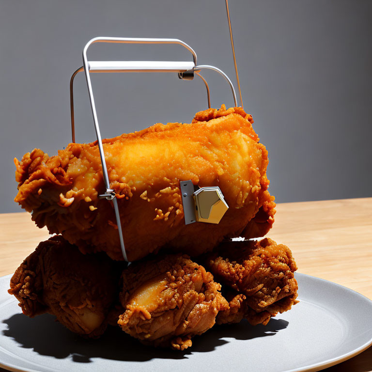 Large Fried Chicken Piece in Briefcase with Plate of Smaller Pieces