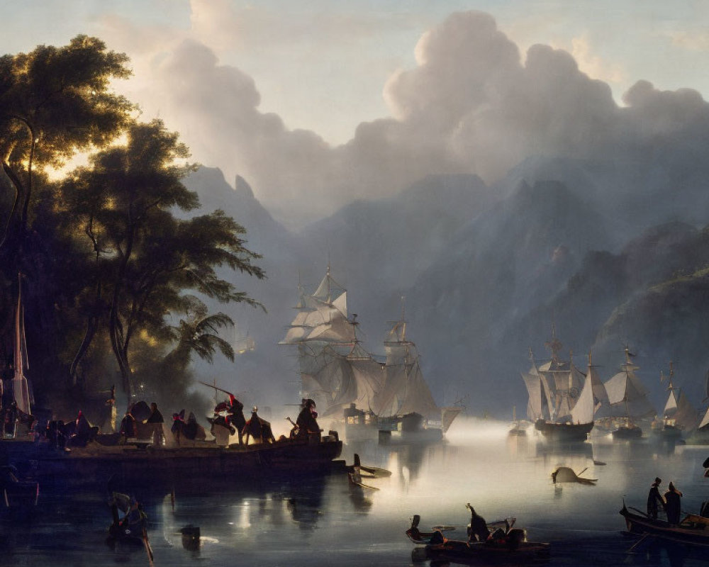 Maritime scene: sailing ships, boats, calm waters, hazy sky, mountains