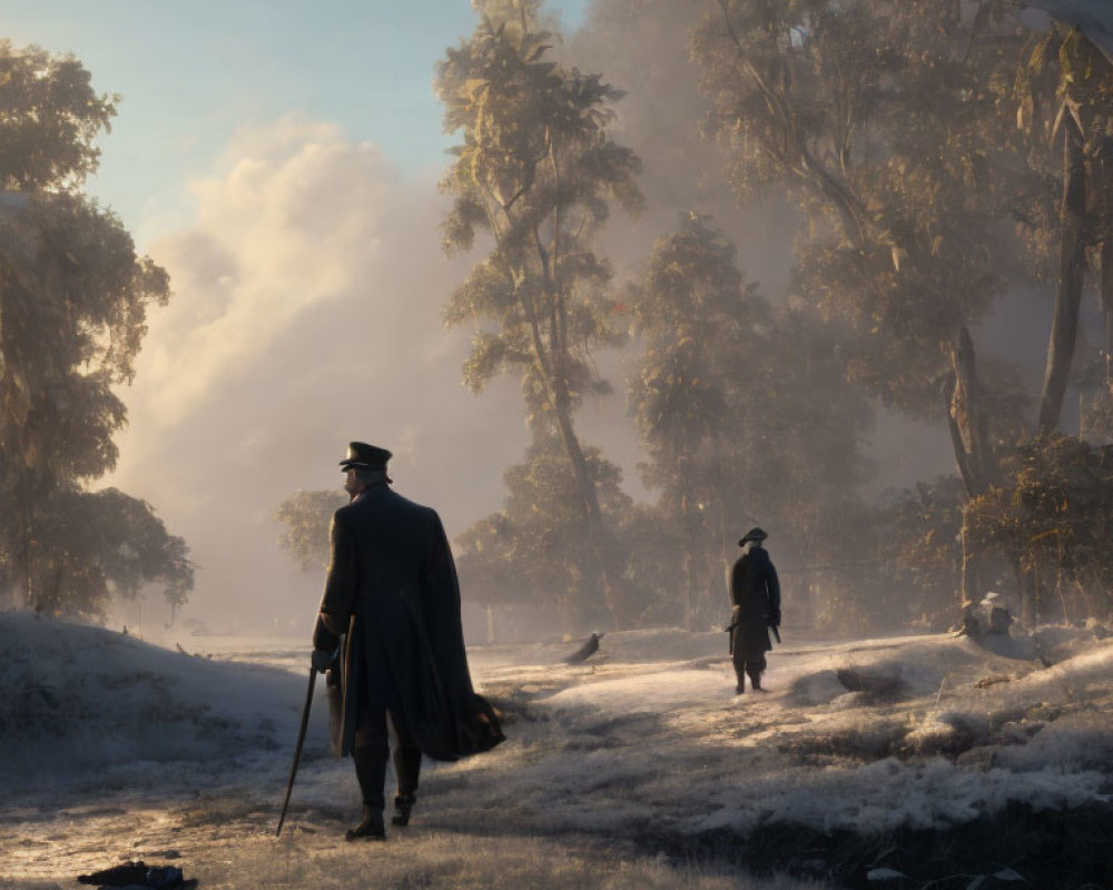Man in historical attire walking in snowy forest with cane, followed by distant figure in misty sunlight