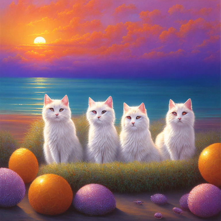Four White Cats on Grass by Sea at Sunset with Purple Sparkling Eggs