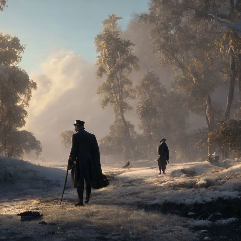 Man in historical attire walking in snowy forest with cane, followed by distant figure in misty sunlight