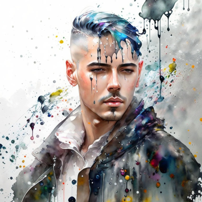 Colorful portrait of young man with blue-tinted hair and vibrant paint splashes