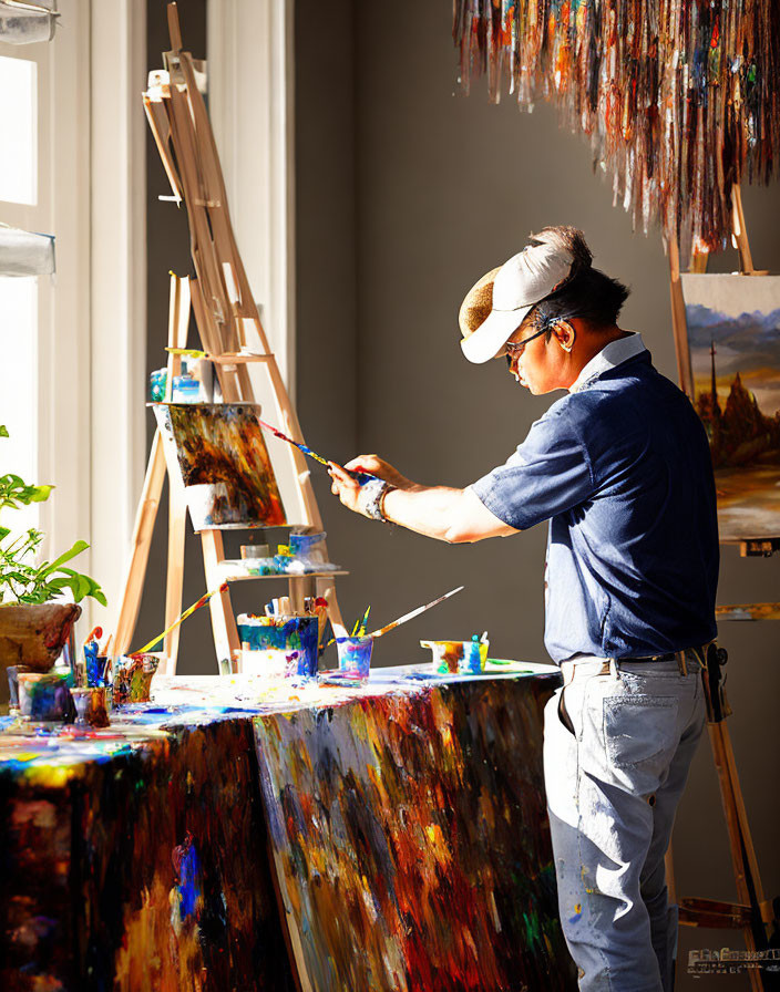 Artist painting on canvas in sunlit room with colorful supplies.