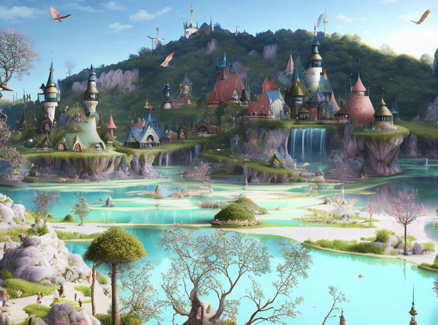 Fantasy landscape with waterfalls, castles, rivers, greenery, and flowers