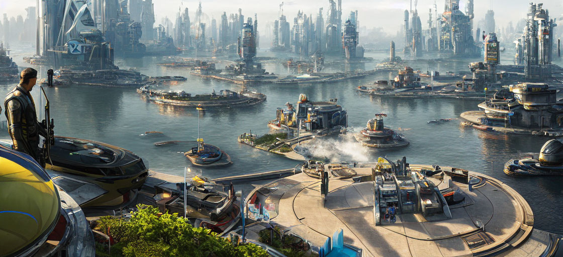 Futuristic cityscape with skyscrapers, observer, and advanced vessels.