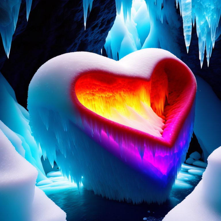 Heart-shaped Cave Formation with Orange Light and Blue Ice