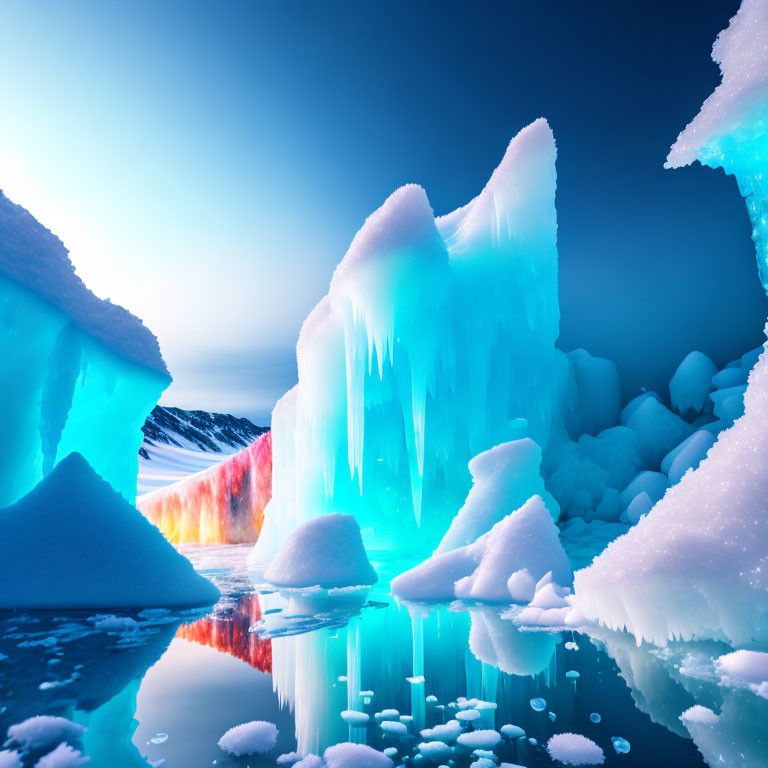 Colorful Sky Reflection on Vibrant Blue Icebergs and Icicles