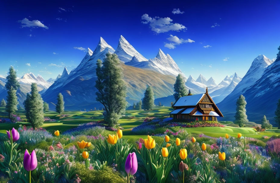 Vibrant tulip field, charming house, snow-capped mountains