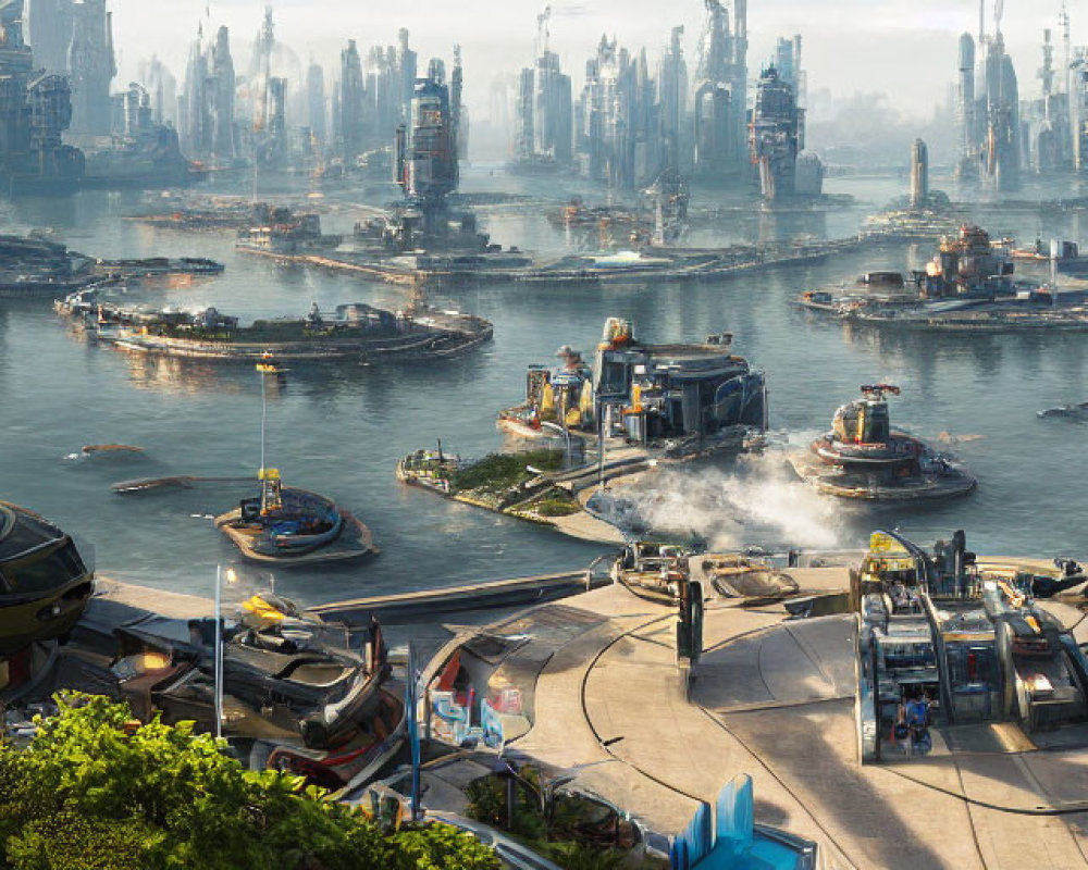 Futuristic cityscape with skyscrapers, observer, and advanced vessels.