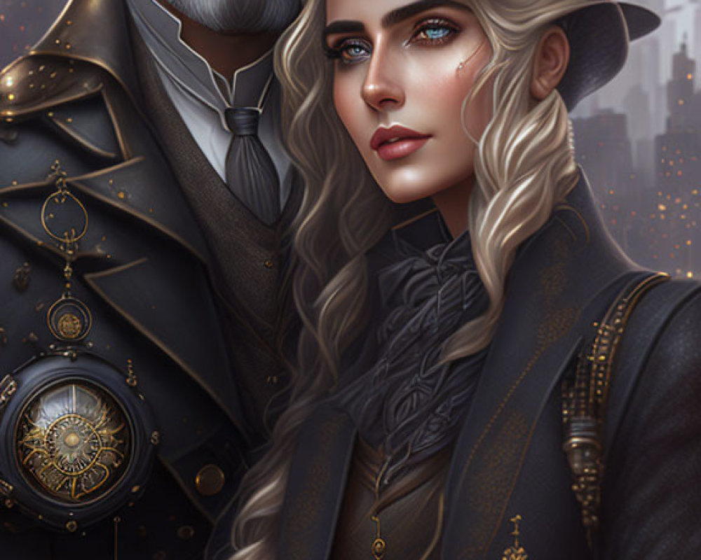 Steampunk-inspired digital artwork of man and woman in Victorian attire with brass accessories, against industrial city