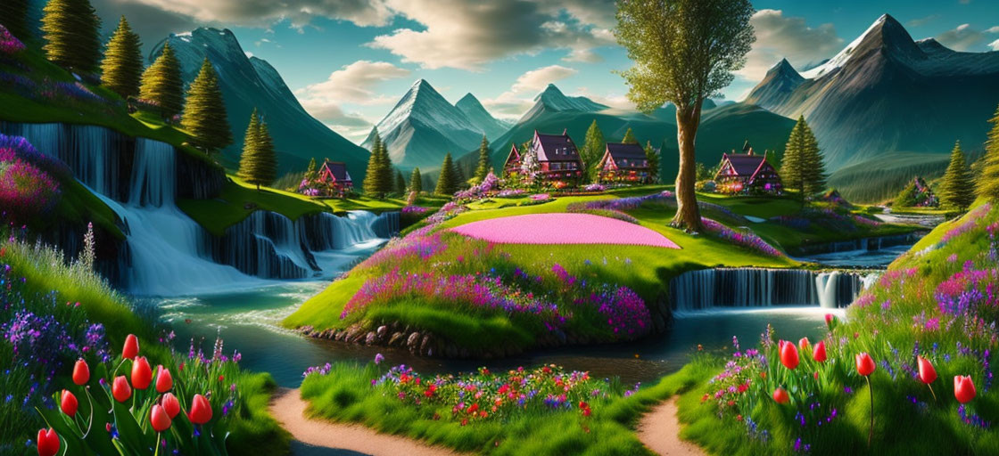 Scenic landscape with waterfalls, river, flowers, houses & mountains
