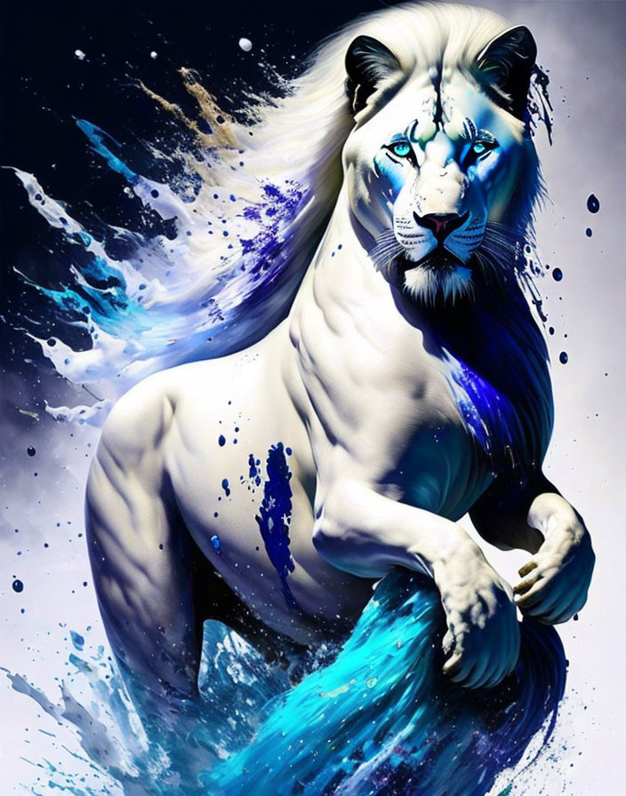 White Lion with Blue Eyes in Cosmic Water and Stars