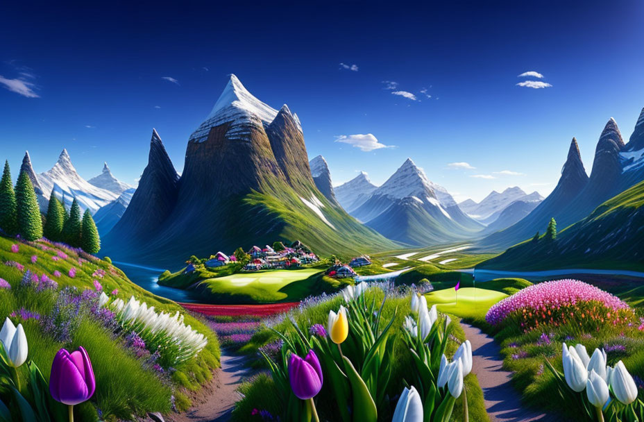 Colorful digital artwork: Tulip fields, village, mountains