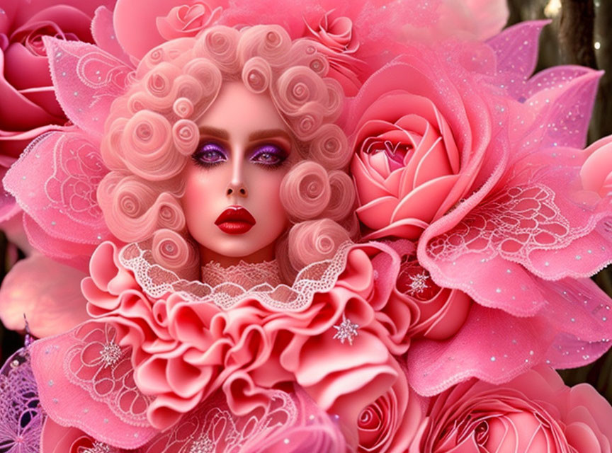 Digital artwork: Woman in floral attire with pink roses, lace, bold makeup.
