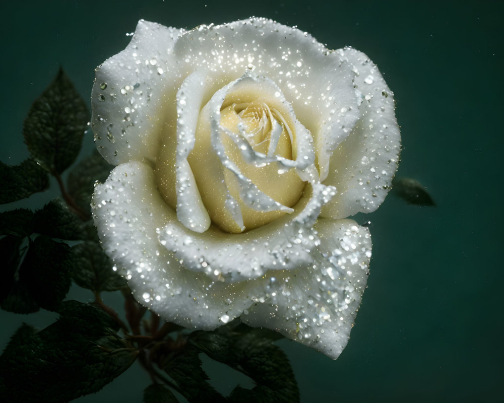 White Rose with Water Droplets on Dark Teal Background