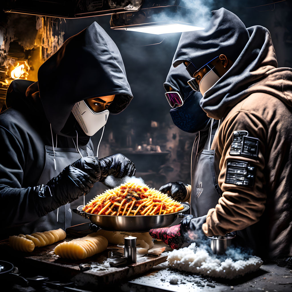 Street Food Stall: Hooded Figures Cooking Skewers on Grill