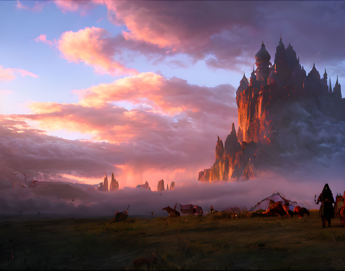 Majestic castle on cliffs at sunset with serene encampment