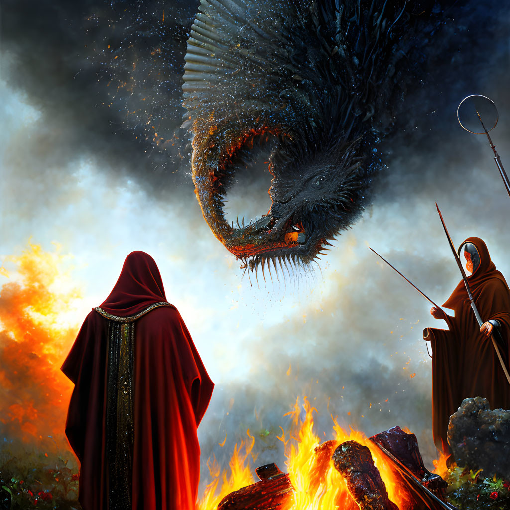 Cloaked figures confront dragon in fiery setting under starry sky