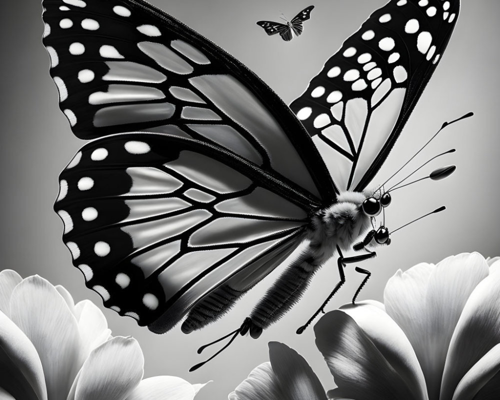 Detailed Monochrome Close-Up Butterfly Image with Patterned Wings on Flowers