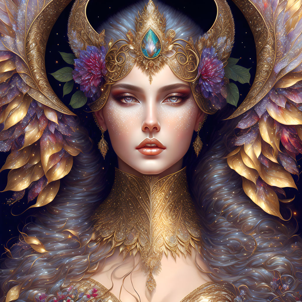 Detailed illustration of woman with golden jewelry, feathered crown, blue gemstone, and lush wavy