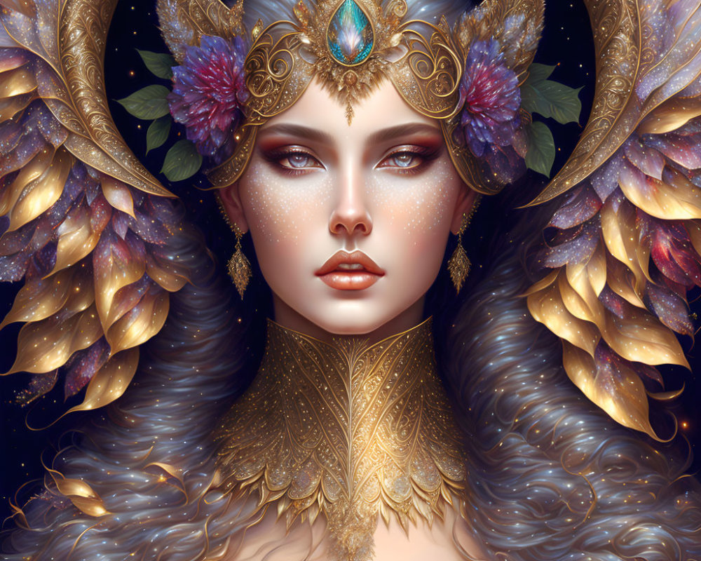 Detailed illustration of woman with golden jewelry, feathered crown, blue gemstone, and lush wavy