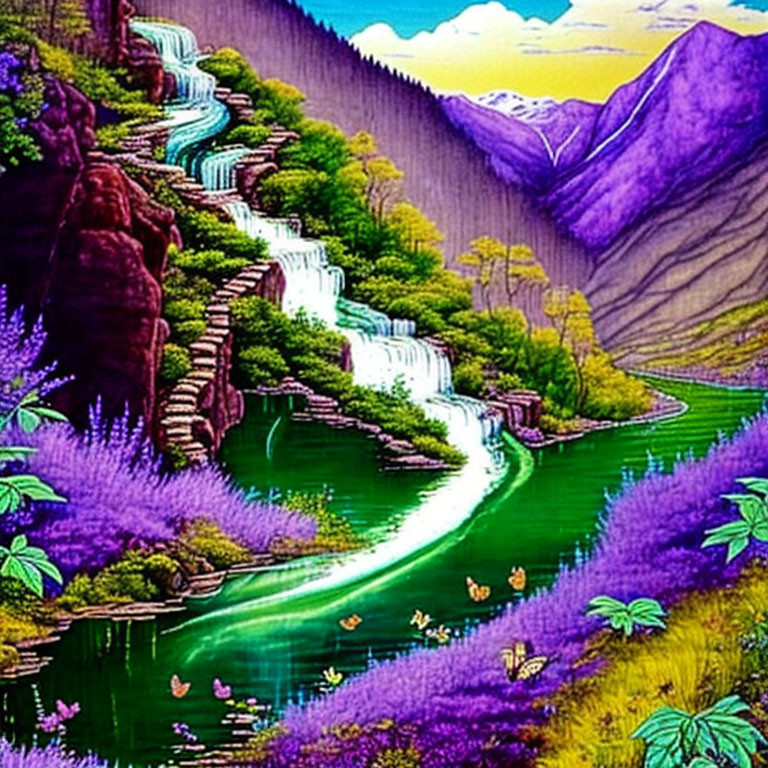 Scenic landscape with waterfalls, river, greenery, purple flora, mountains