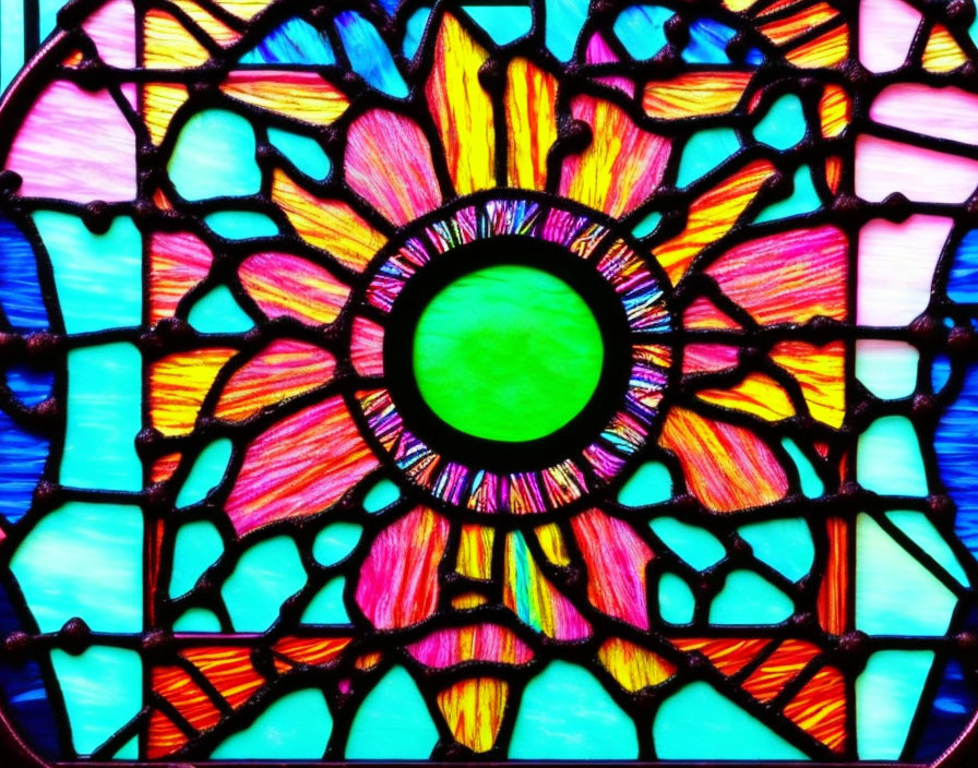 Circular pattern stained glass with green center and colorful petals in yellow, red, and blue.