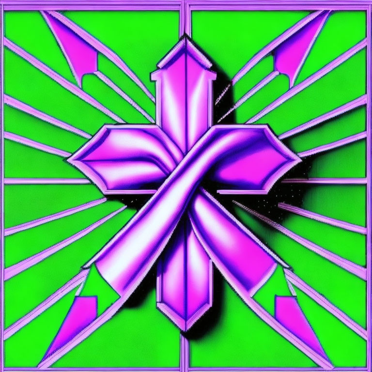 Purple Beveled Cross on Green Background with Geometric Lines