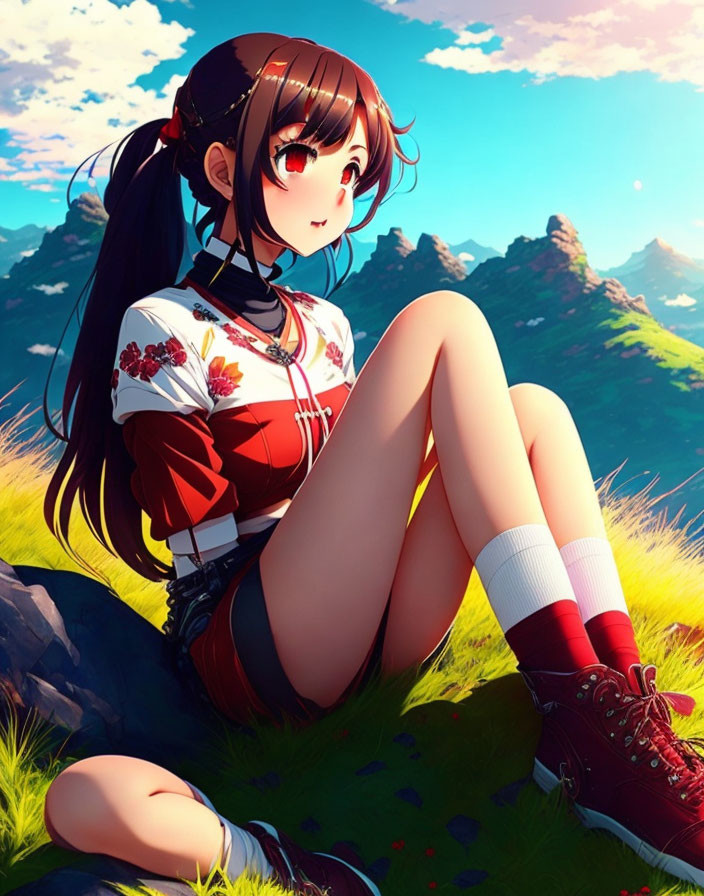 Anime character with brown hair and red eyes in floral blouse and shorts on grassy hillside under blue