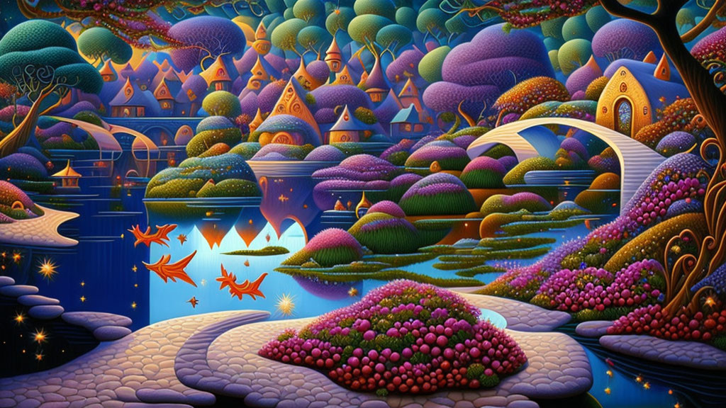 Colorful Fantasy Landscape with Whimsical Trees, Mushrooms, and Serene Water Reflections