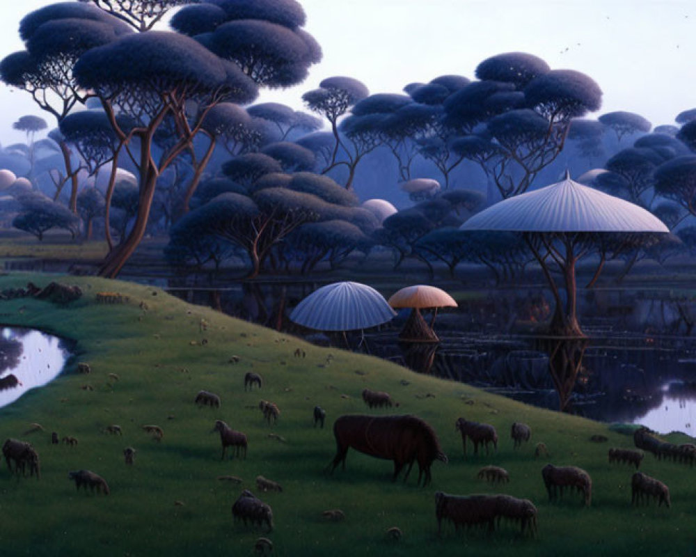 Twilight landscape with mushroom trees, grazing animals, and reflective water