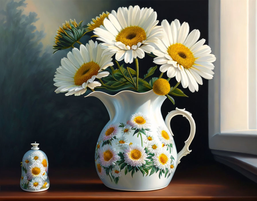 Realistic painting of vibrant white daisies in ornate white vase on dark background
