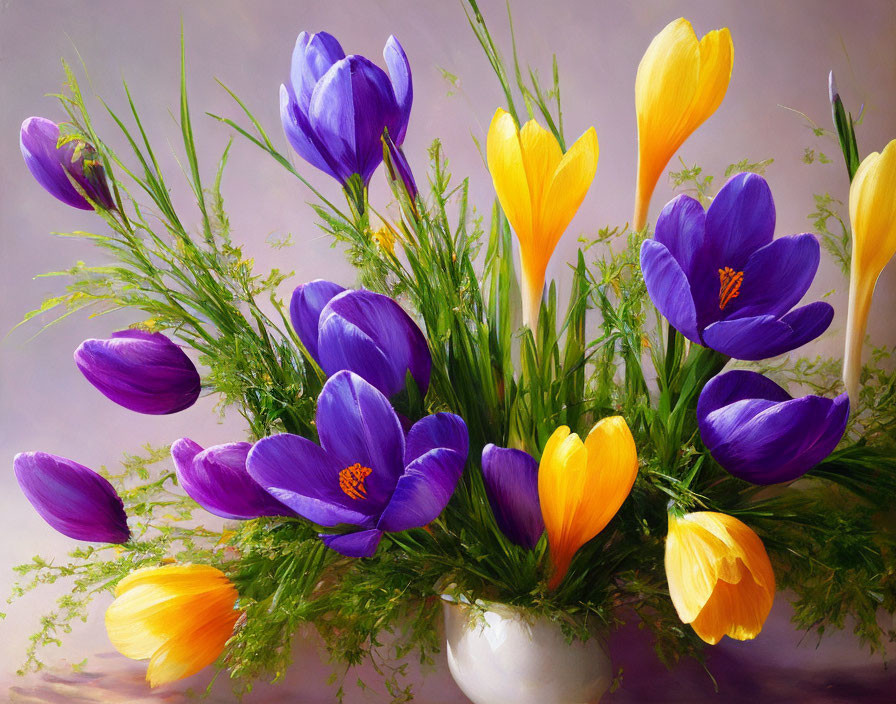 Vibrant Purple and Yellow Crocuses in White Vase
