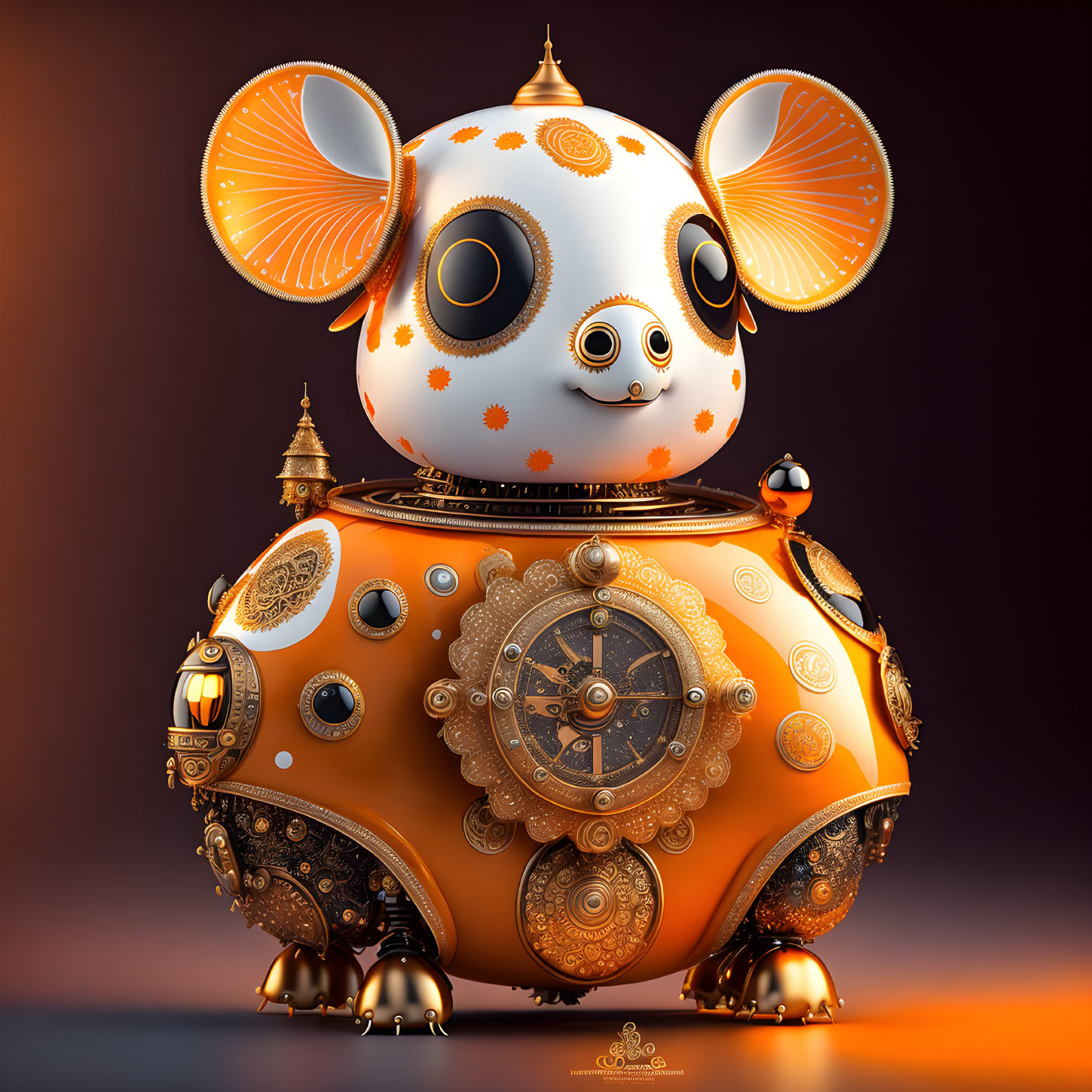 Intricate golden robotic creature with clock on warm background