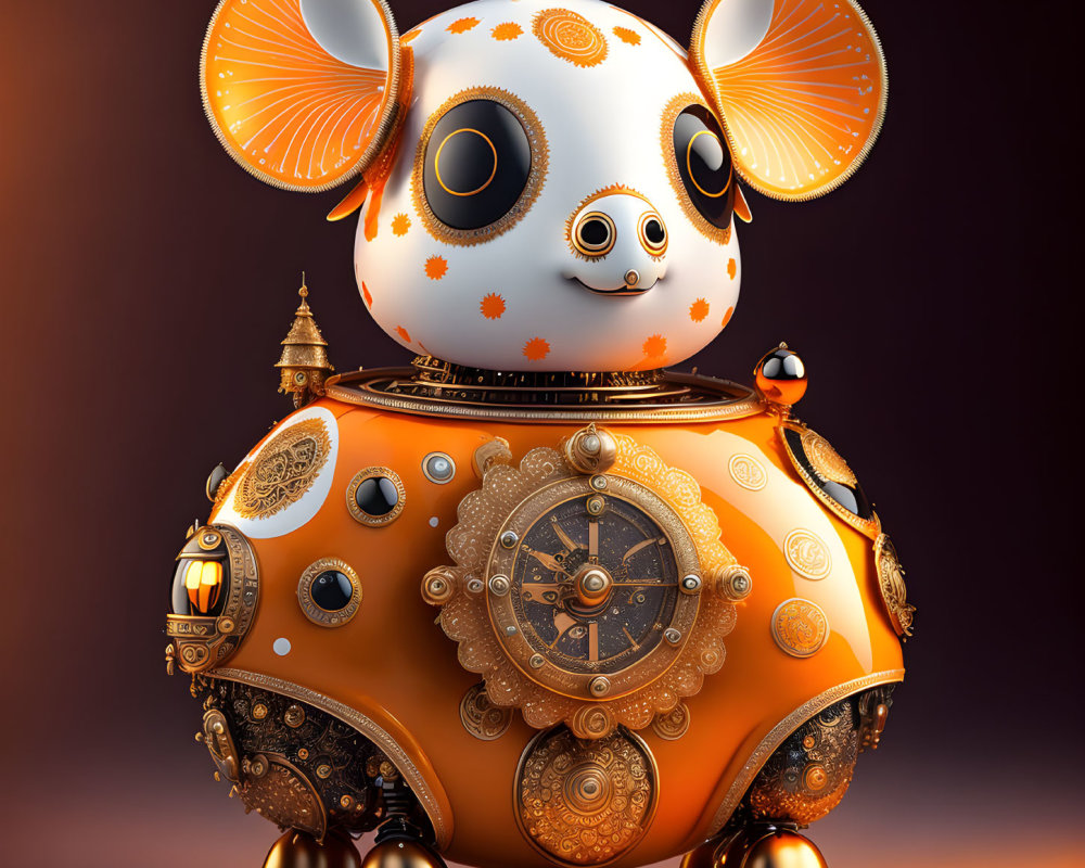 Intricate golden robotic creature with clock on warm background