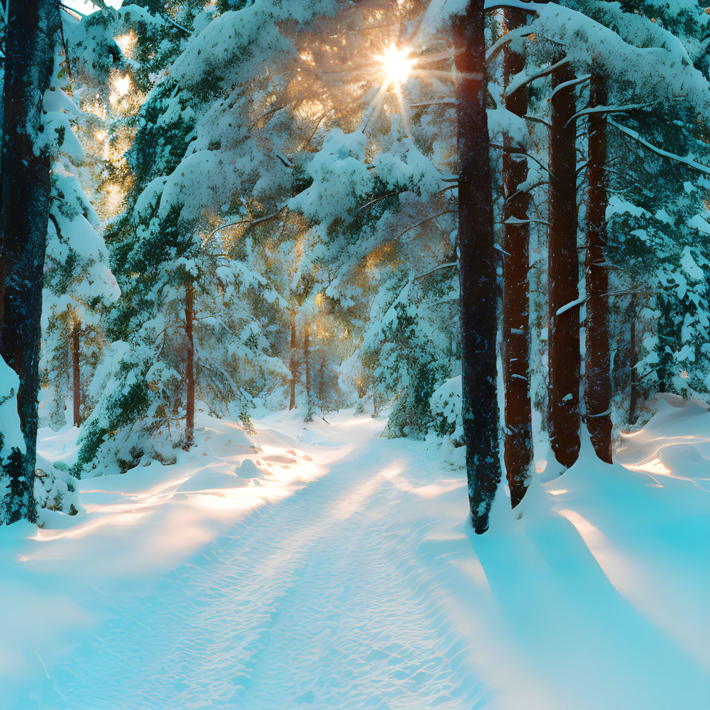 Snowy forest scene with golden sunlight and tall pine trees