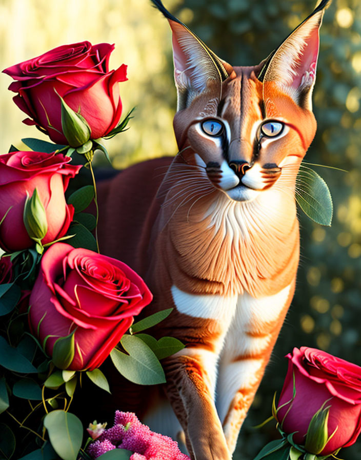 Digital Art: Caracal Cat with Blue Eyes and Red Roses