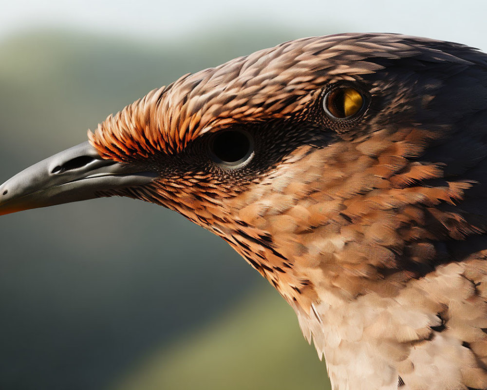 Detailed close-up of bird of prey with sharp beak and intense yellow eyes.