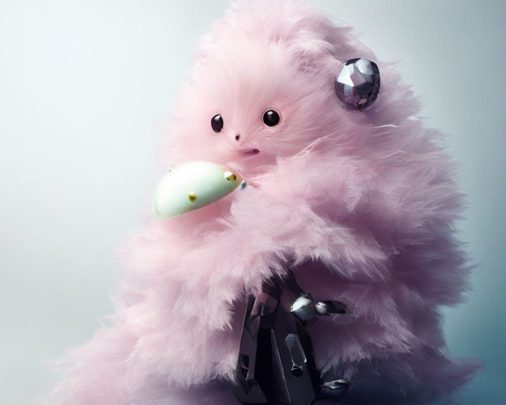 Fluffy Pink Toy with Black Eyes and White Accessory