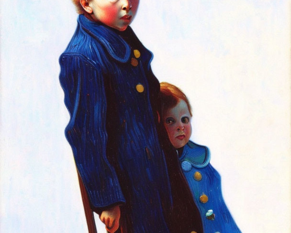Victorian-style painting of two children in blue coats with gold buttons