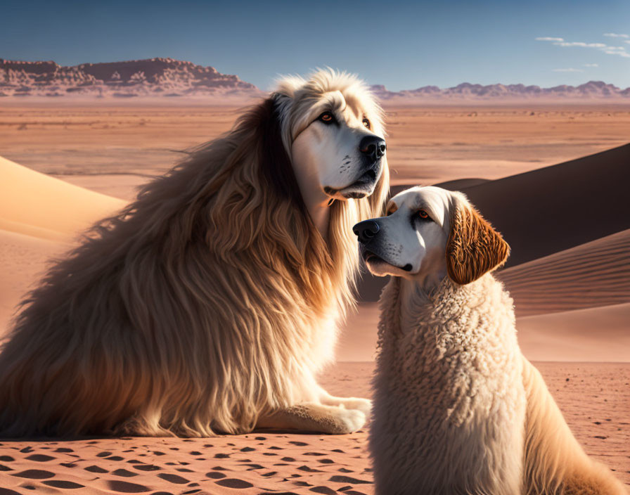 Two lion-like dogs with flowing manes among desert dunes under clear sky